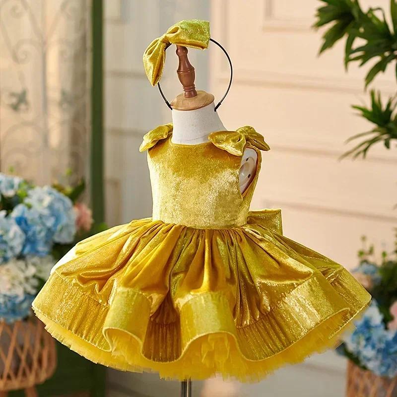 Robe Courte Dorée pour Filles 2026 Nouvelle Collection Luxe Princesse Tenue Enfant Robes Formelles C