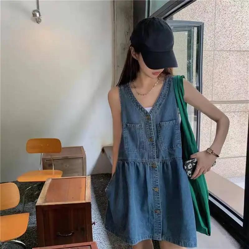 Robe d'été sans manches à bretelles pour femme, style coréen, en jean, coupe ample, mini-robe trapèz