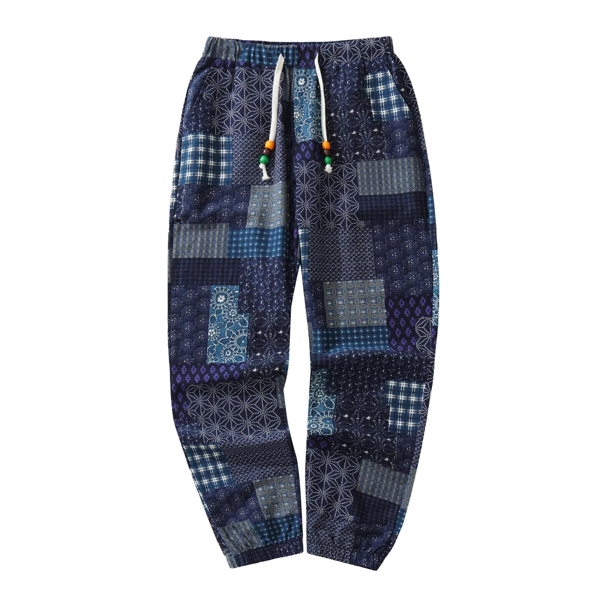 Pantalon Décontracté en Coton et Lin pour Homme, Imprimé Paisley Ethnique, Taille Moyenne, avec Ferm