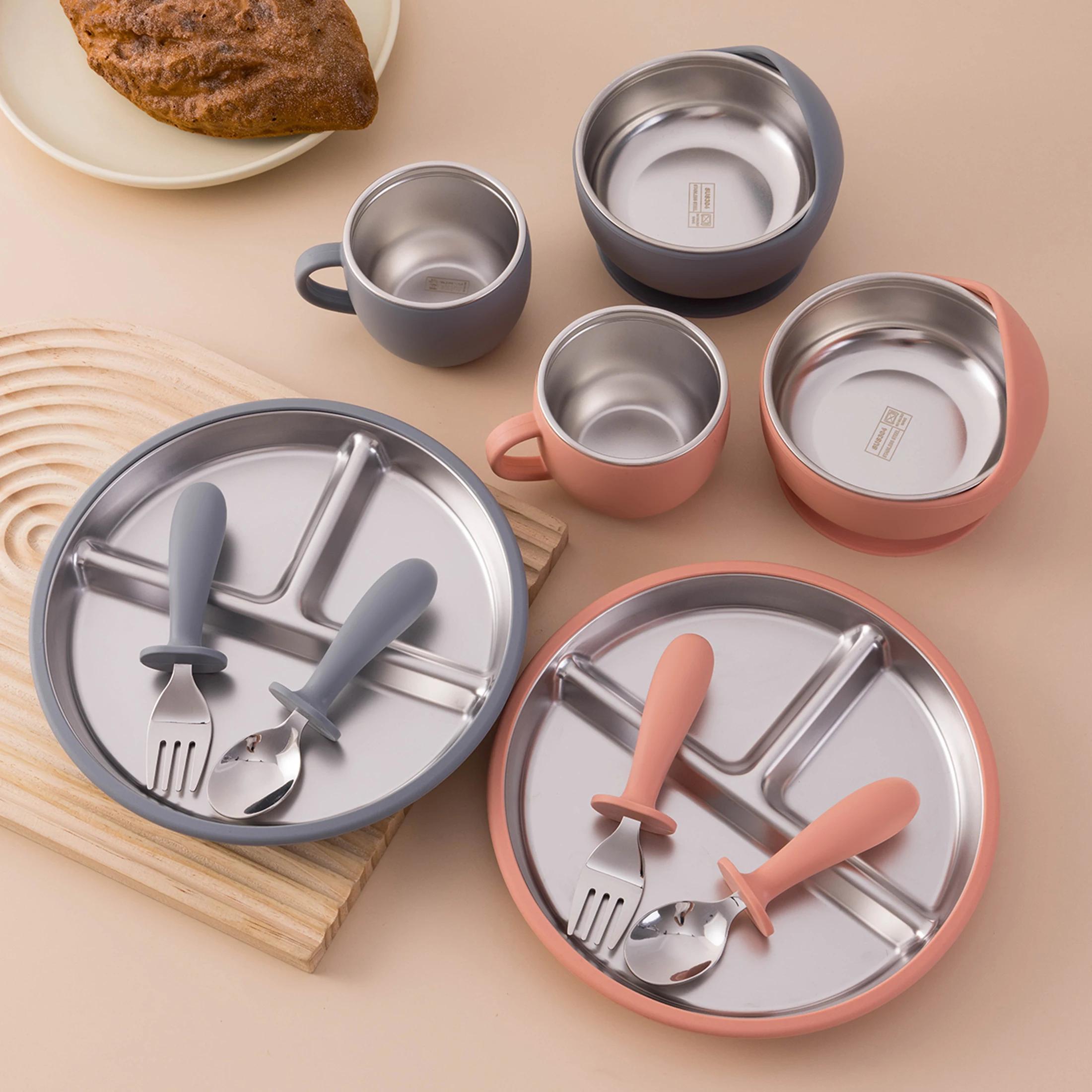Assiettes à vaisselle en acier inoxydable, ensemble d'alimentation pour bébé avec bol à ventouse en 