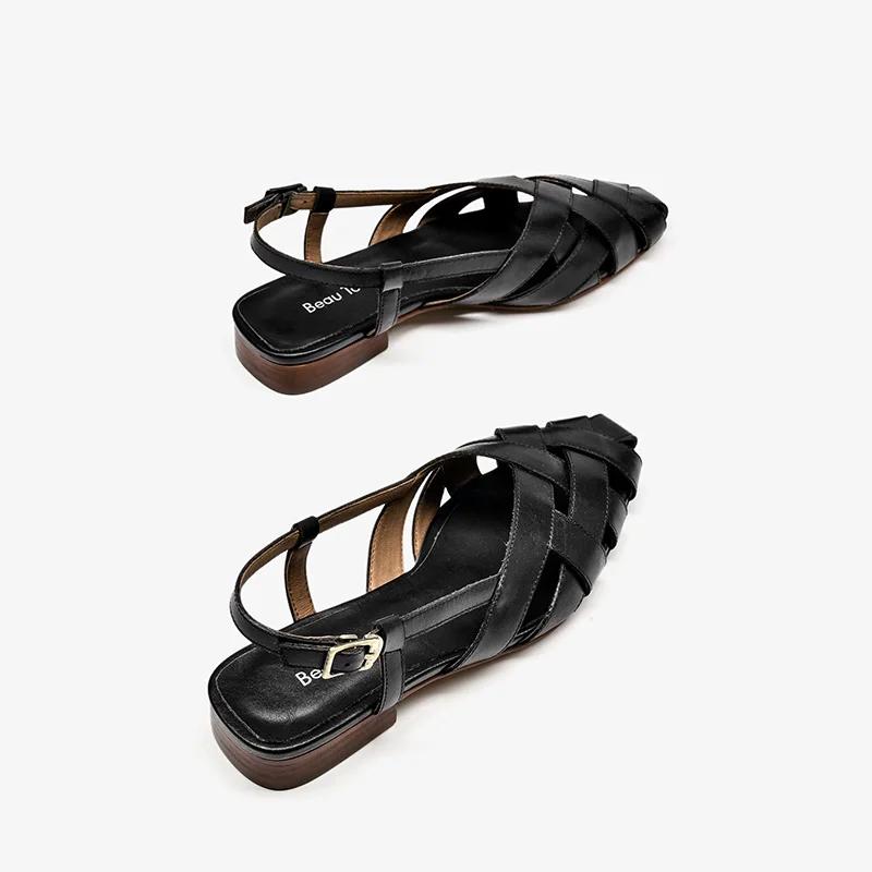 BEAUTODAY – sandales gladiateur en cuir de vache pour femmes, chaussures plates d'extérieur à bout p