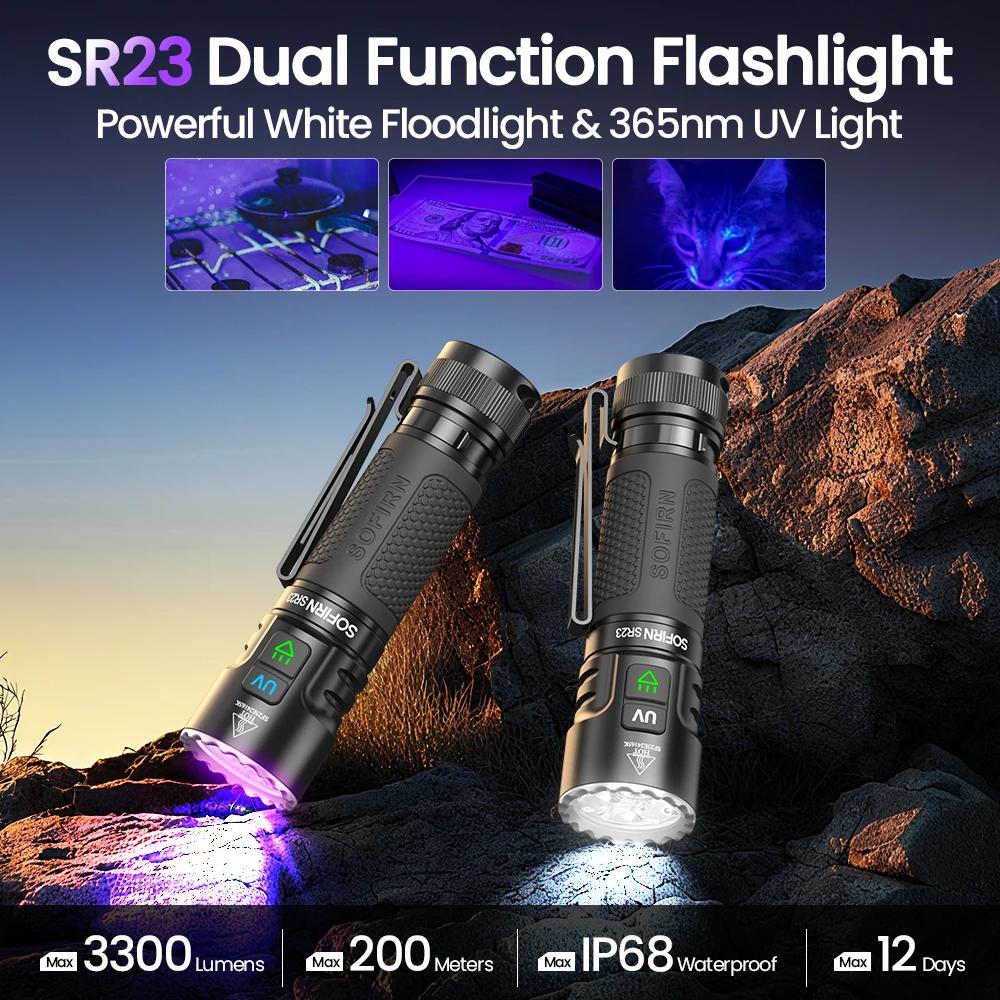 SOFIRN SR23 lampe de poche double lumière 3300lm projecteur blanc et 365nm lumière UV 21700 USB C la
