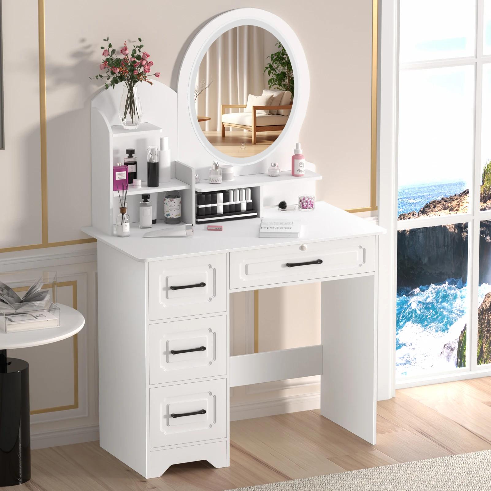 Table de maquillage moderne avec miroir et lumières, étagères de rangement supplémentaires, coiffeus