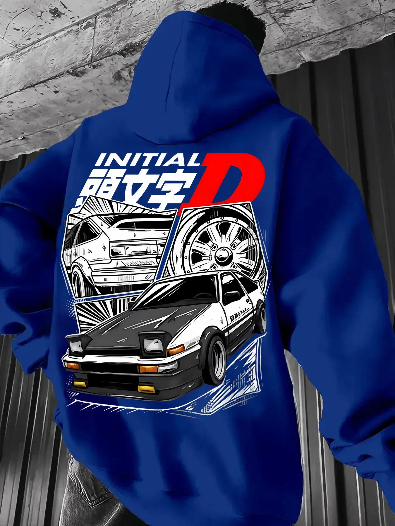 Sweat-shirt à capuche noir avec logo initial D avec illustration de voiture JDM emblématique, pull a
