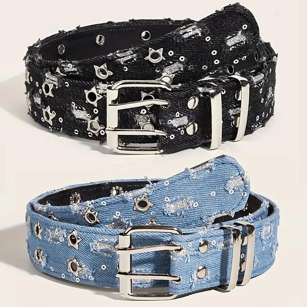 Ceinture de luxe en Denim bleu, accessoires Punk noirs, nouvelle mode, HipHop Y2k, étoile ajourée, b
