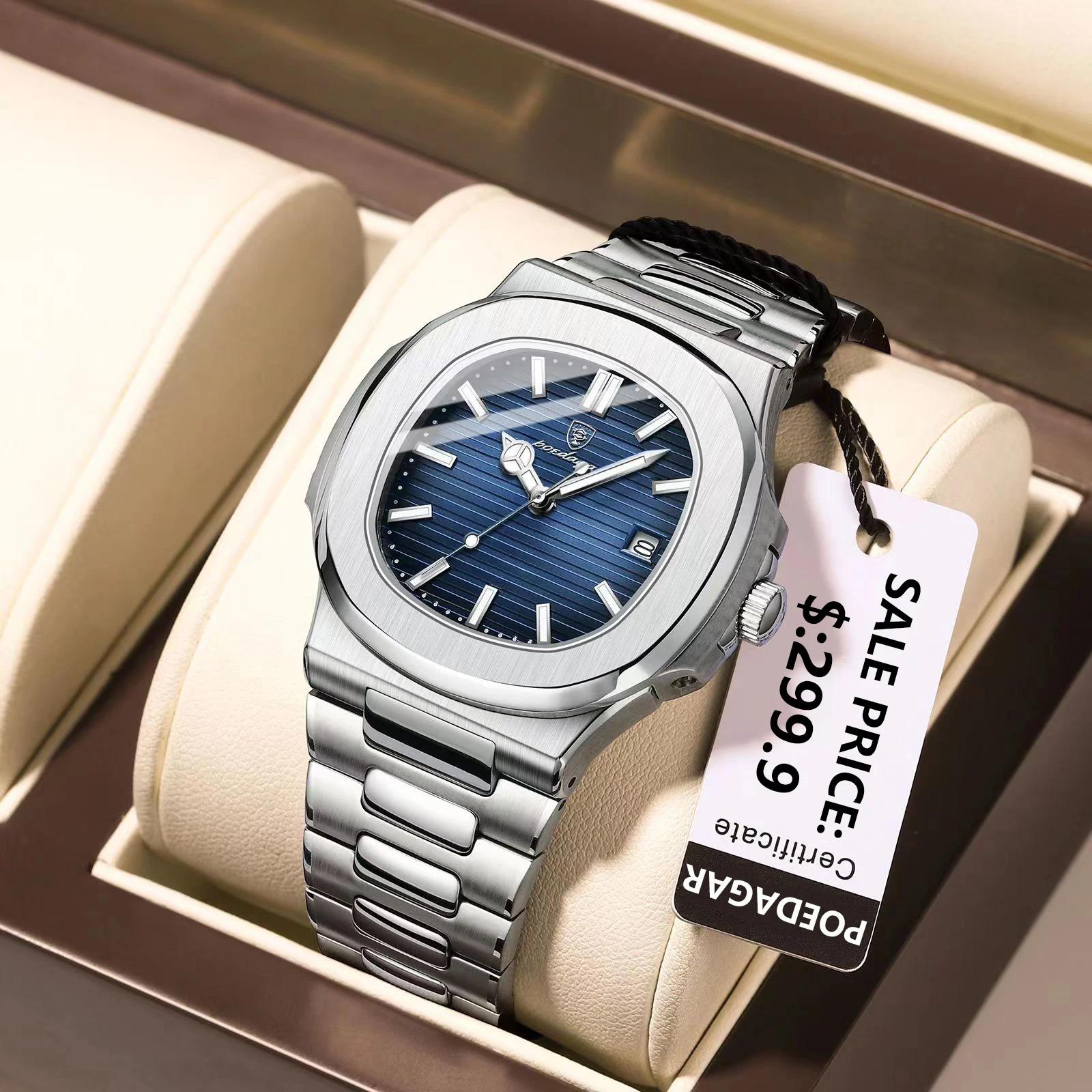 POEDAGAR carré luxe hommes montre-bracelet étanche lumineux Date en acier inoxydable mâle horloge af
