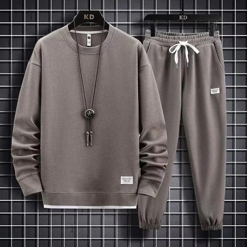 2025 printemps et automne nouveaux hommes gaufre deux pièces sweat-shirt décontracté et pantalon de 