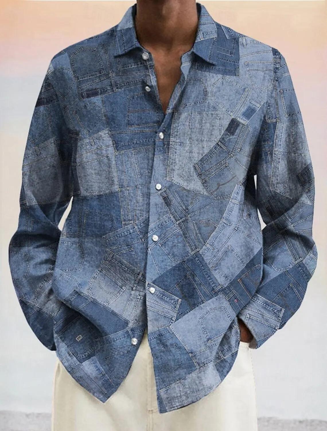Chemise bloc de couleur géométrique pour hommes chemise boutonnée à manches longues mode décontracté