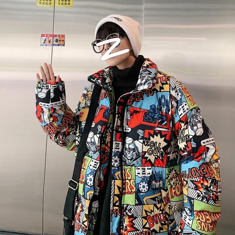 Hip Hop Graffiti dessin animé imprimé Parkas manteaux hommes Streetwear Harajuku hommes hiver épais 