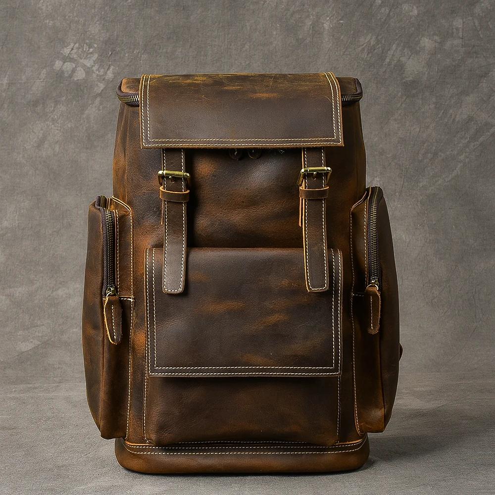 Vintage Crazy Horse en cuir véritable sac à dos hommes en cuir sac à dos escalade sac à dos mâle gra