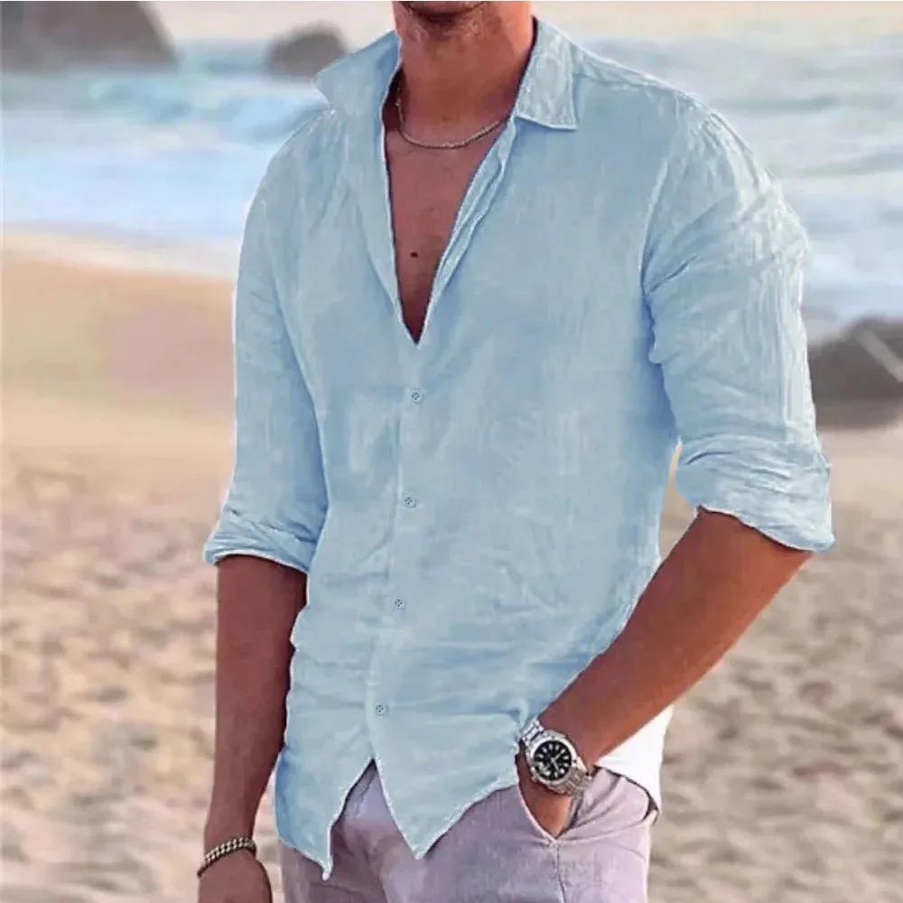 Chemise de plage en coton et lin pour hommes, décontractée, col Polo, manches longues, couleur unie,
