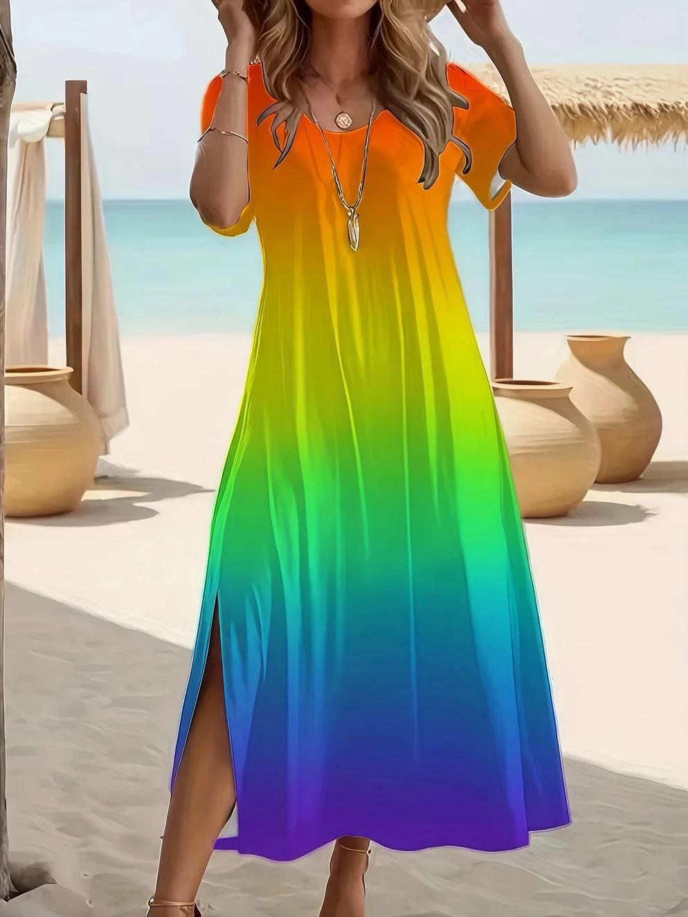Robe d'été élégante grande taille, col en v, imprimé papillon, ourlet fendu, manches courtes, mode f