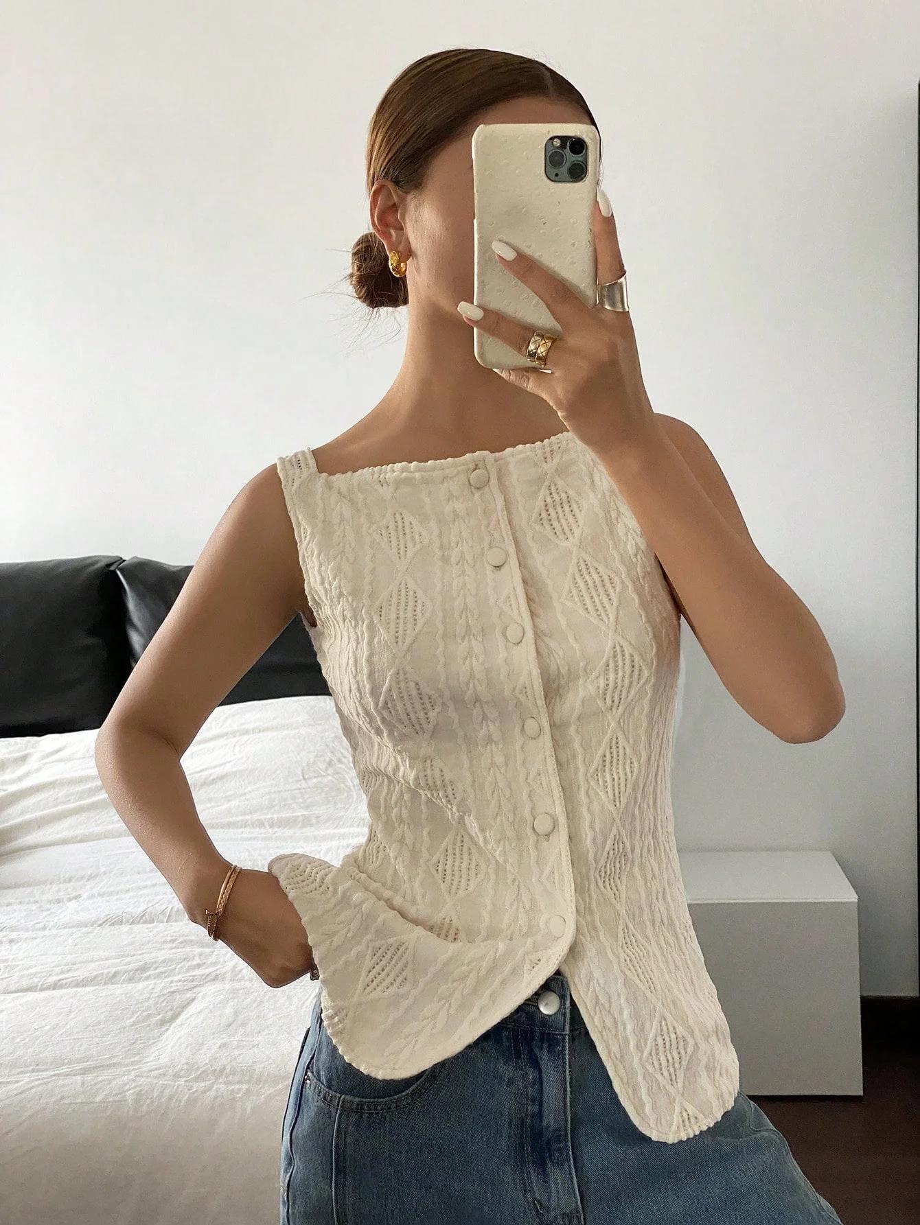 Chemise d'été décontractée sans manches pour femmes, texture géométrique, simple boutonnage