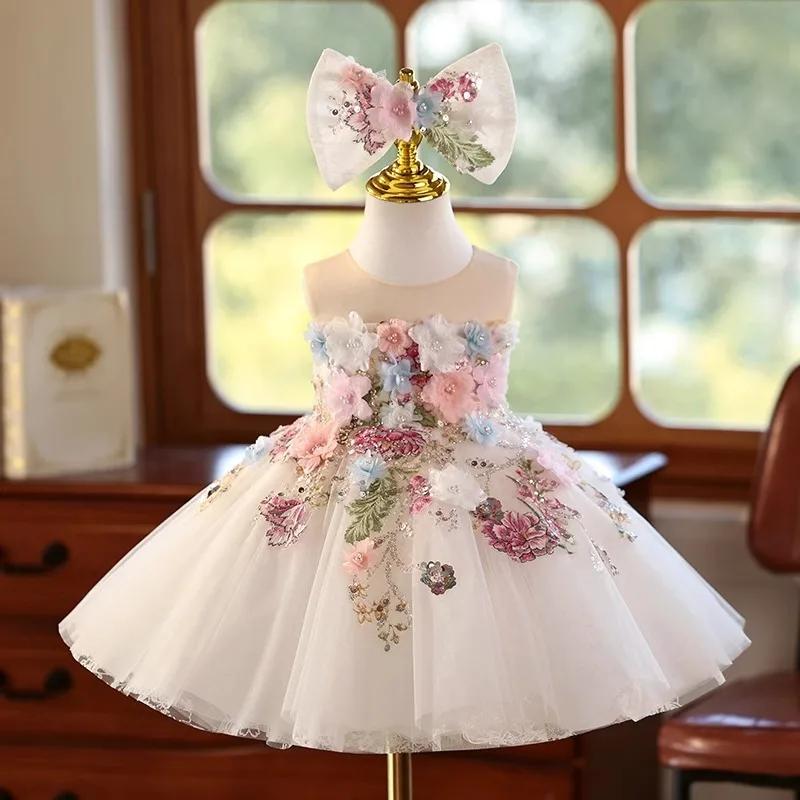 Robe courte blanche pour filles, robe à pétales Mori, petit hôte, spectacle de fleurs, gaze légère d
