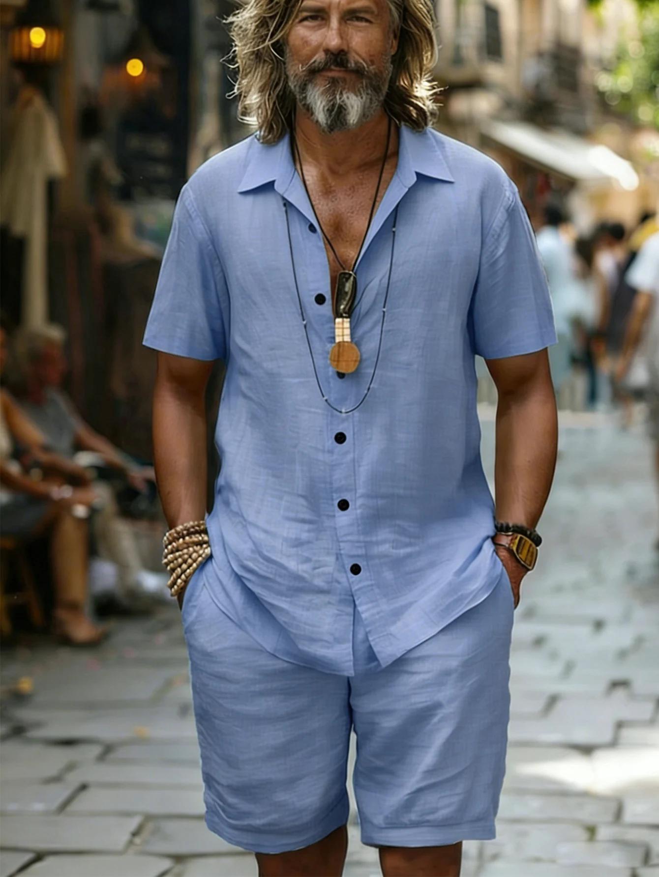 Ensemble chemise et Short en coton 100 pour hommes, manches courtes, bleu clair, coupe ample, décont