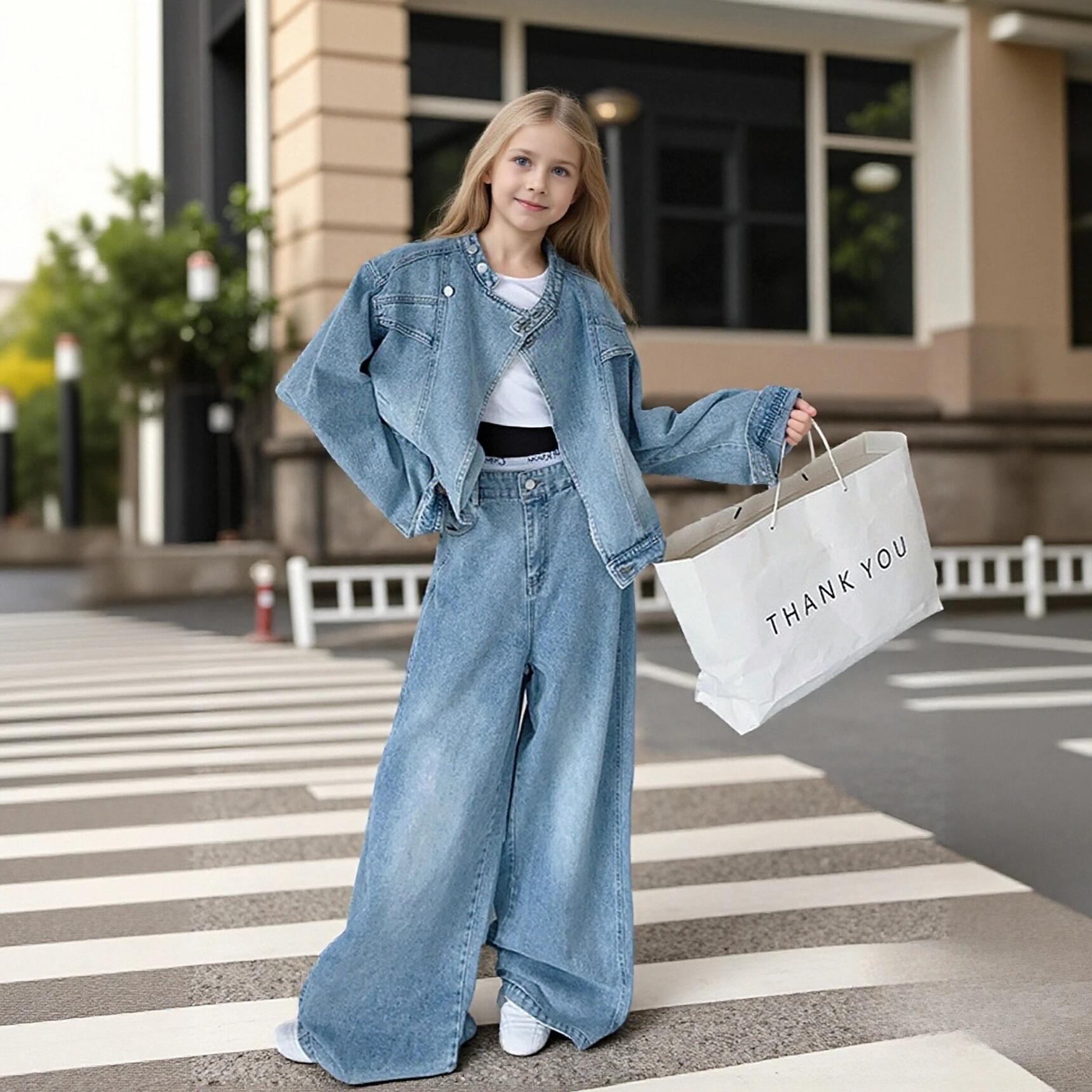 Ensemble de vêtements en Denim pour adolescentes, veste bleue + jean à jambes larges, 2 pièces, tenu