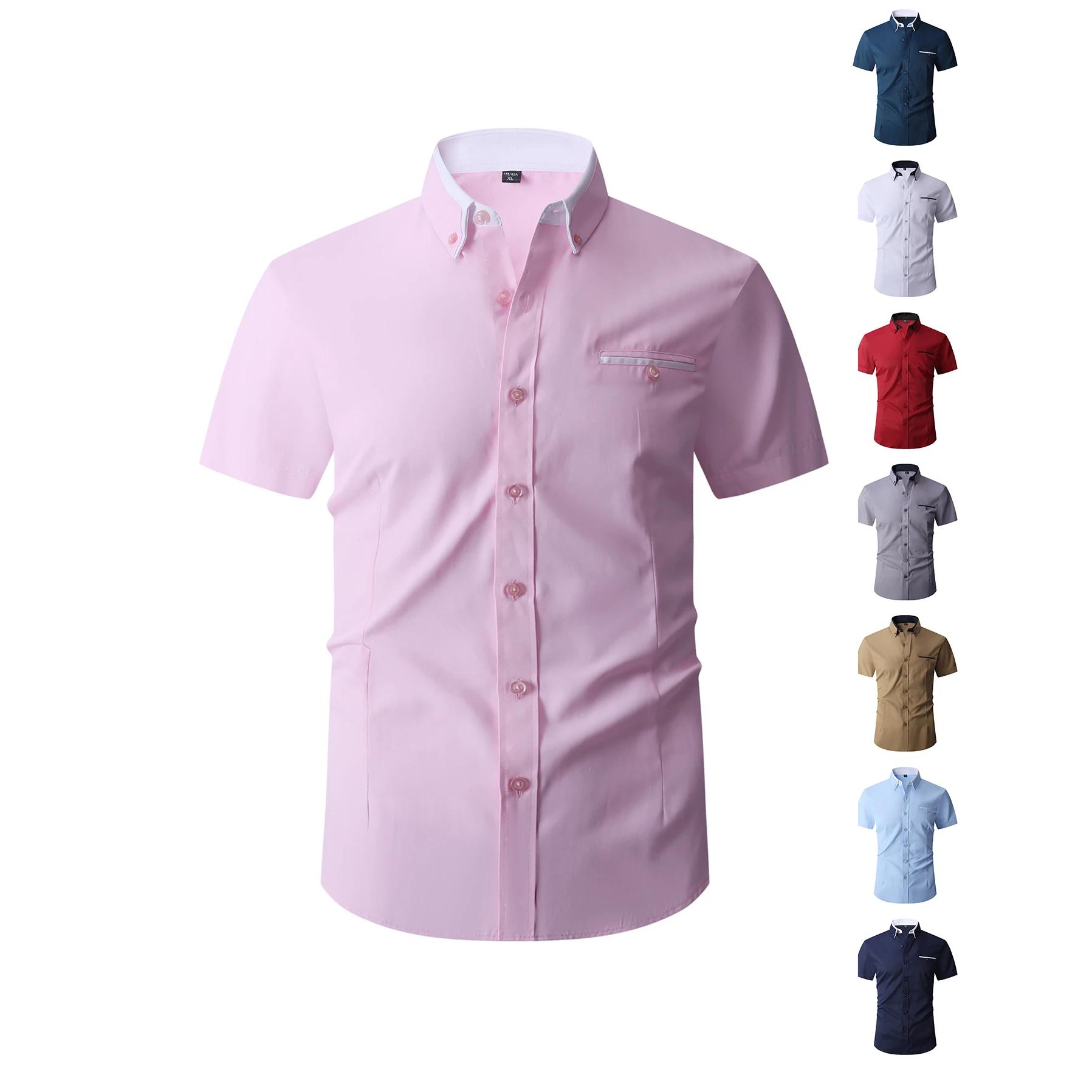 Chemise d'été en coton à manches courtes pour homme, chemise habillée formelle avec col contrastant 