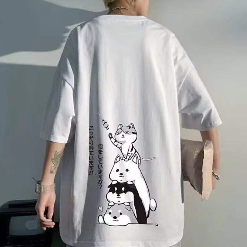 Pull à col rond extra large pour homme, chaton empilable, impression, manches moyennes, t-shirt amér