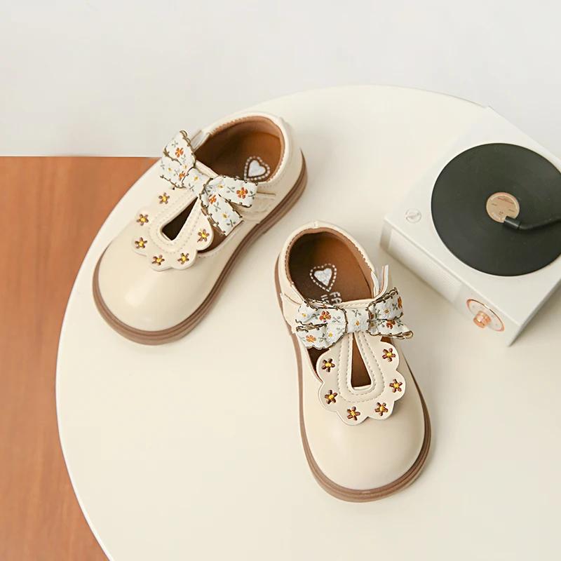Chaussures en cuir avec nœud mignon pour filles, Oxfords à lanières en T, souples, pour enfants d'éc