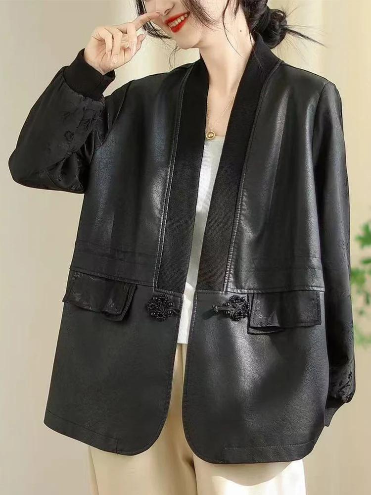 Amax LuluE chinois 2025 automne dames mode Patchwork Faux cuir vestes femmes ample col en V PU mante