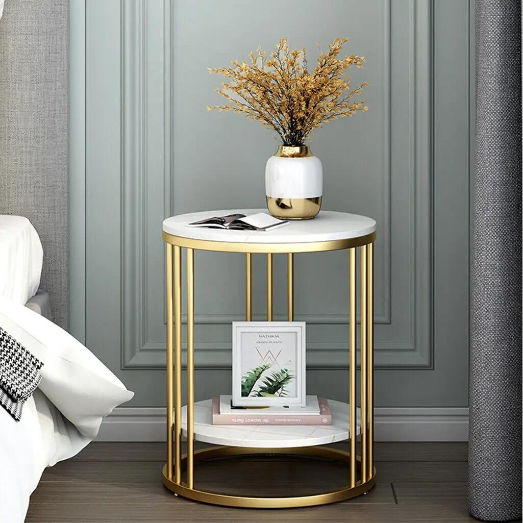 Table d'appoint ronde en marbre blanc à 2 niveaux, table basse, table de chevet, rangement de bijoux