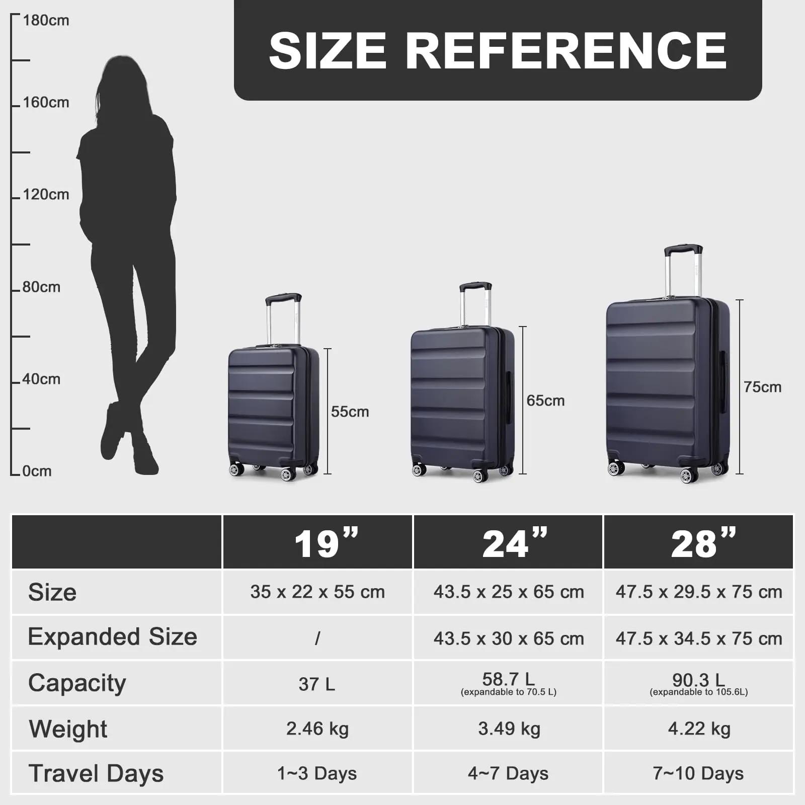 Valise à main KONO-étui rigide léger avec serrure TSA et 4 roues spinner, cabine (55/65/75 cm)