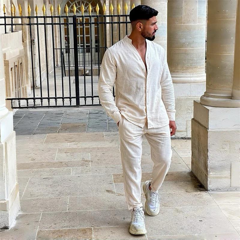 Ensemble chemise respirante à manches longues pour hommes, 100% coton, couleur unie, pantalon décont