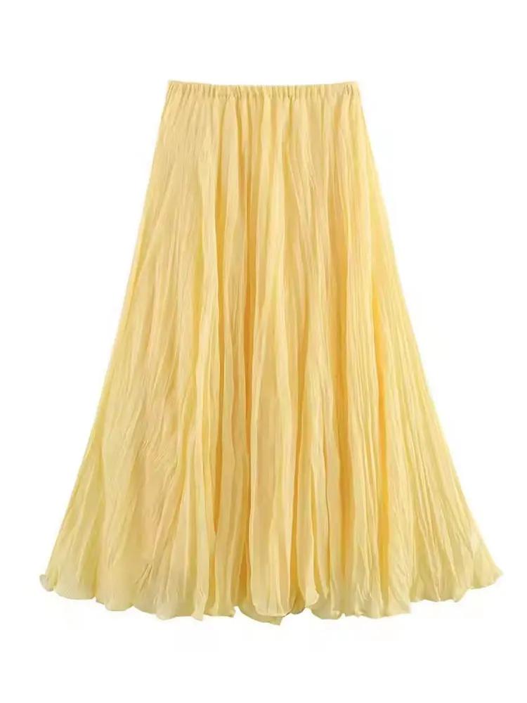Jupe longue plissée élastique pour femme HH, jupe longue plissée fluide en A, jaune, blanc, rose, po