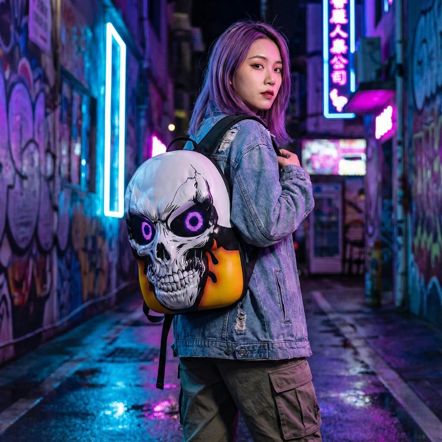 Sac à dos de moto à coque rigide avec crâne LED 3D, avec yeux programmables, contrôle par applicatio