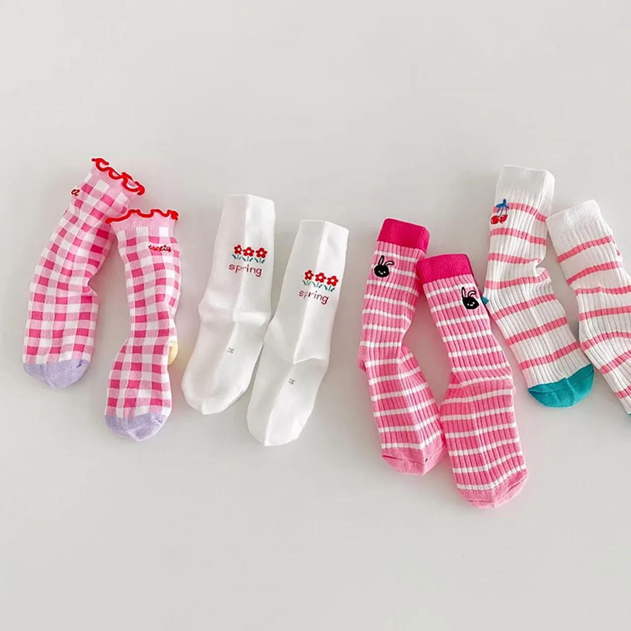 4 paires de chaussettes roses pour filles, chaussettes mi-tube en coton pour enfants, chaussettes co