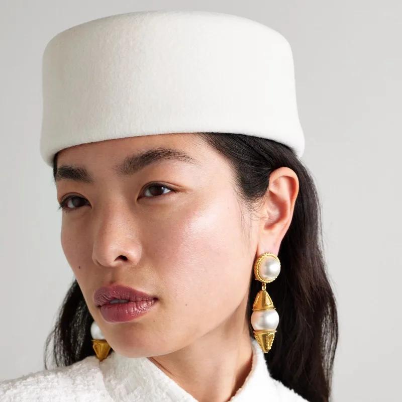 Vintage dur haut plat Fedoras chapeaux femmes 100% laine feutre bérets chapeau mariage Fascinator ca