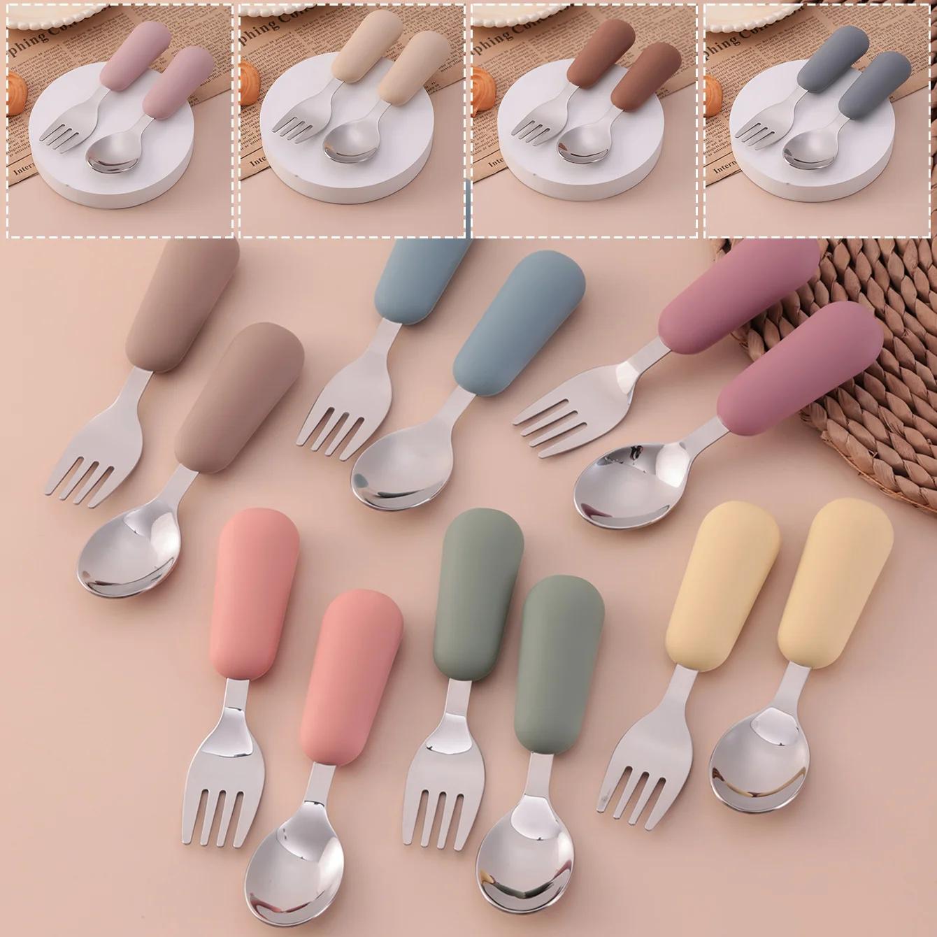 Couleur enfants 2 pièces fourchette cuillère en acier inoxydable ensemble d'alimentation pour bébé u