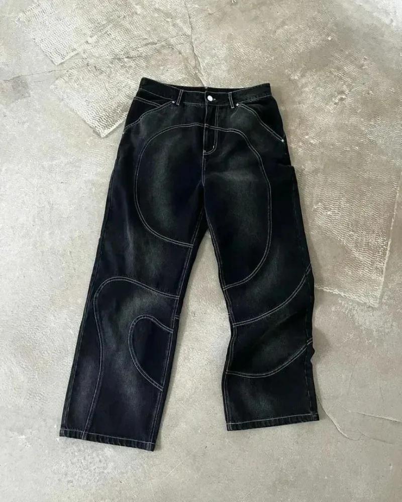 Patch Jeans Veste brodée à rayures rétro Ensemble deux pièces Costume Y2k pour hommes Harajuku hipho