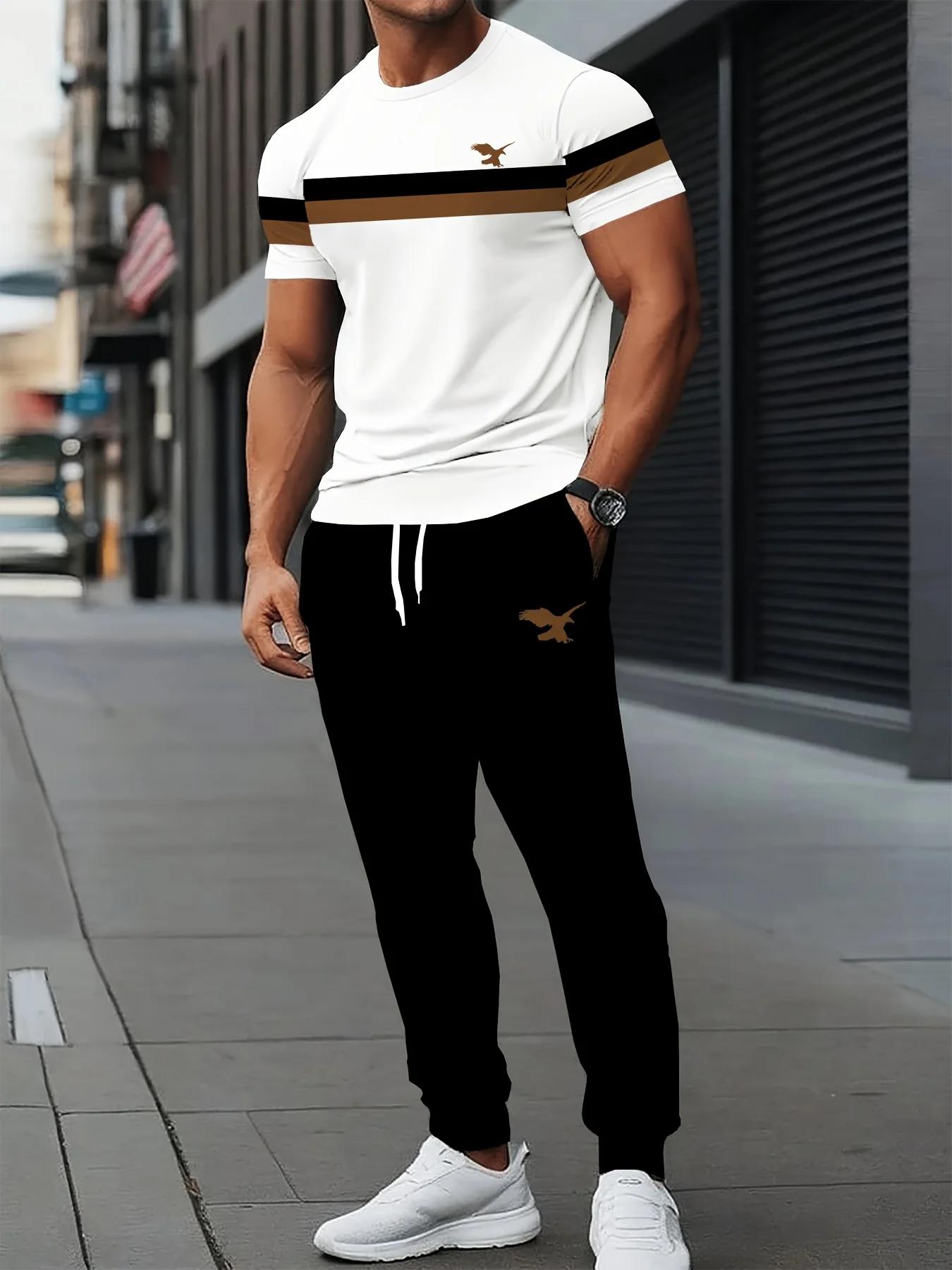 Nouveau beau hommes été rayure imprimé confortable et respirant col rond T-shirt pantalon ensemble v