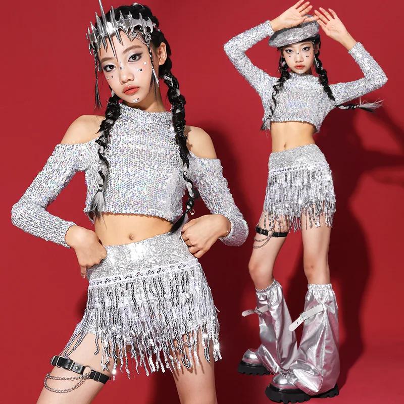 Costume de danse Kpop pour filles, tenue de Jazz, vêtements de spectacle de danse argenté, haut et s