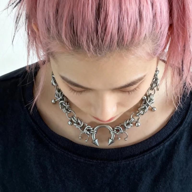 Punk mode acier inoxydable Rivet fer à cheval anneau bricolage pendentif collier pour les femmes Coo