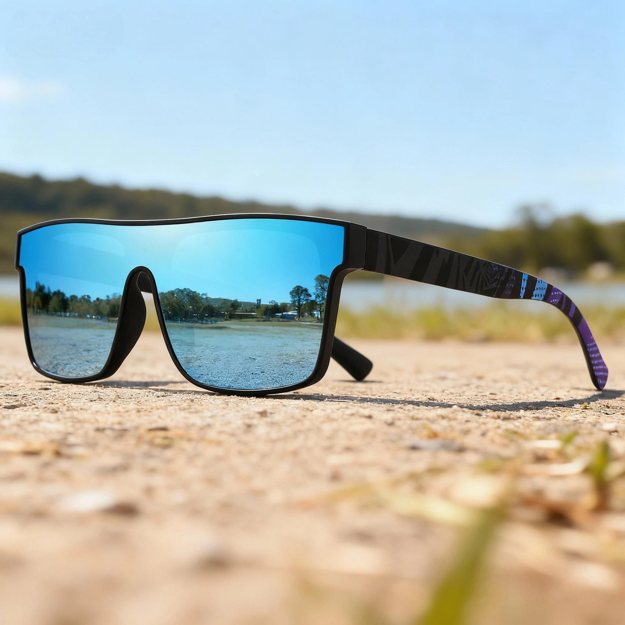 Lunettes de soleil de sport carrées colorées – Lentille une pièce avec branches à motifs, confort un