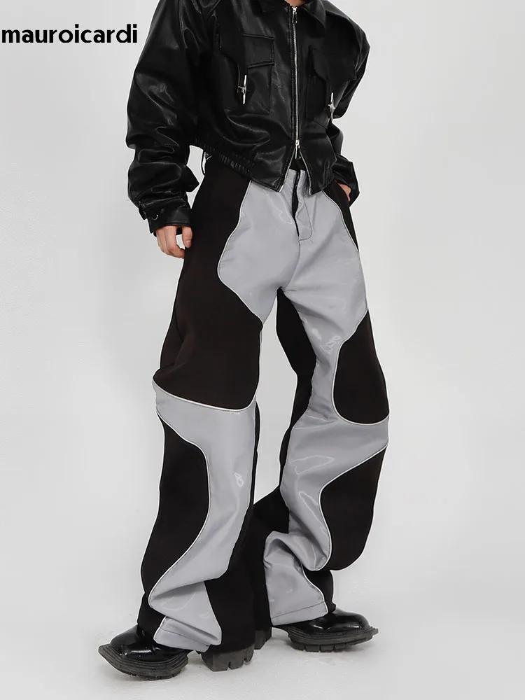 Mauroicardi-Pantalon en cuir PU patchwork doux pour hommes, vêtements de créateur de luxe, long et c