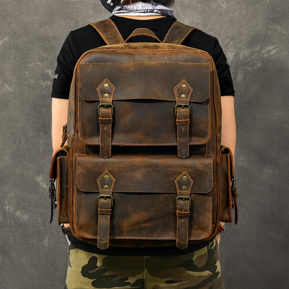 Vintage Crazy Horse sac à dos en cuir véritable hommes sac à dos en peau de vache randonnée sac à do