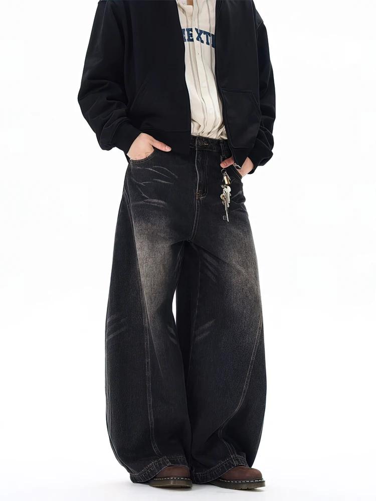 Vintage noir lavé Baggy jean pantalon hommes jambe large lame incurvée pantalon Streetwear Cowboy dé