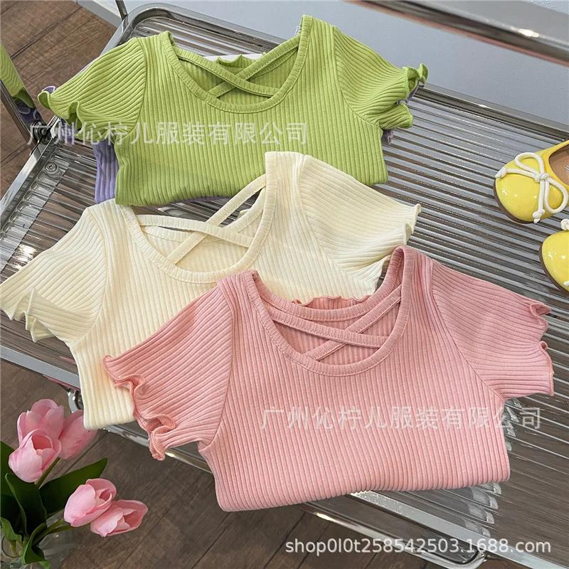 Filles T-Shirt été enfants à manches courtes mince doux hauts Simple couleur unie décontracté enfant