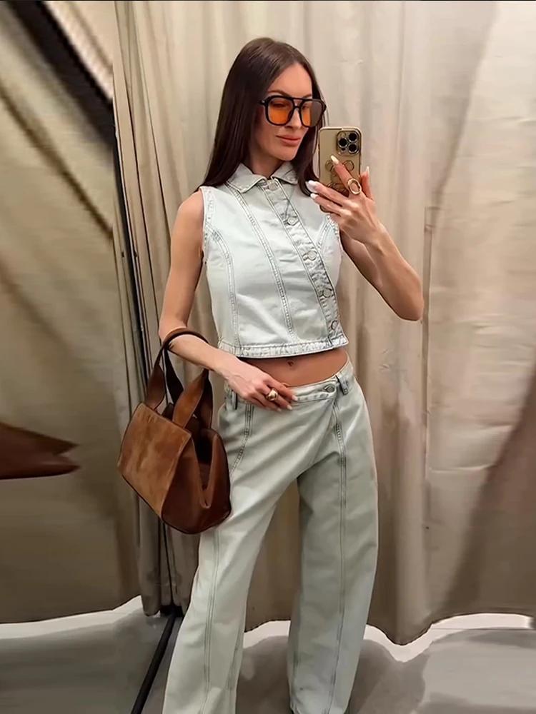 Nouvel ensemble 2026 : Gilet en jean et pantalon pour femme – Veste ajustée sans manches à revers et