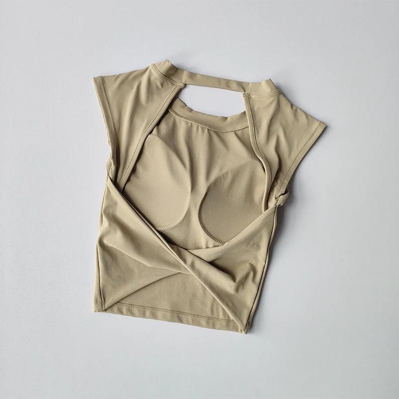 T-shirt de sport dos nu sexy pour femme, coussretours de poitrine, glaçure couvertes, séchage rapide