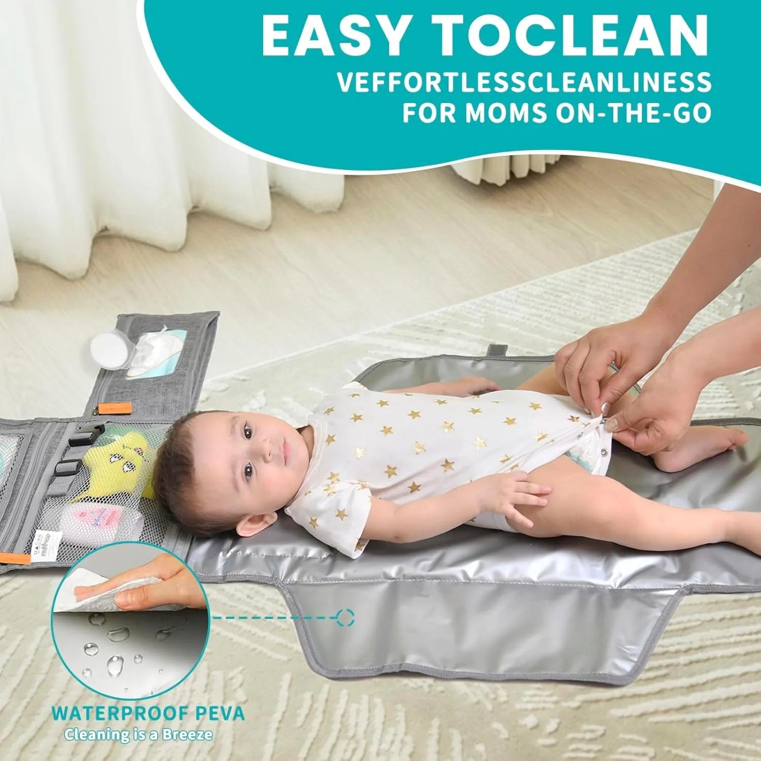 Tapis à langer portable pour bébé, design intelligent, avec poche pour lingettes, pliable, pour les 