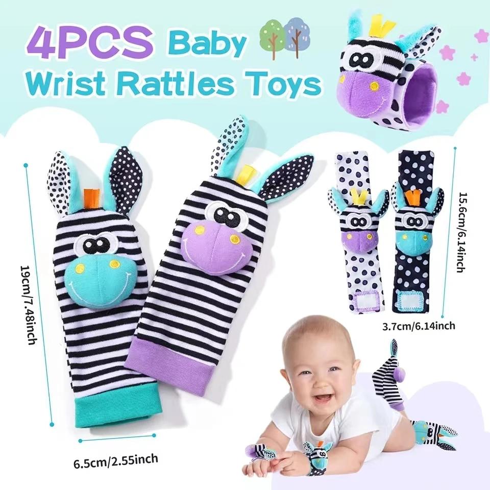 Hochet pour bébé de 0 à 24 mois, 4 pièces, animaux en peluche mignons, hochet de poignet, chaussette