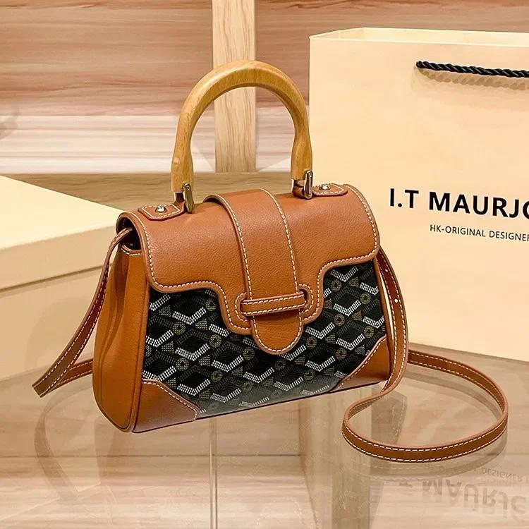 Sac Keli en cuir véritable avec manche en bois pour femmes, vieille fleur transfrontalière, nouveau 