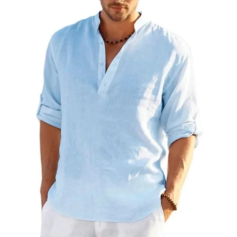 T-shirt à manches longues en lin pour hommes, chemise en coton respirant, streetwear léger, chemises