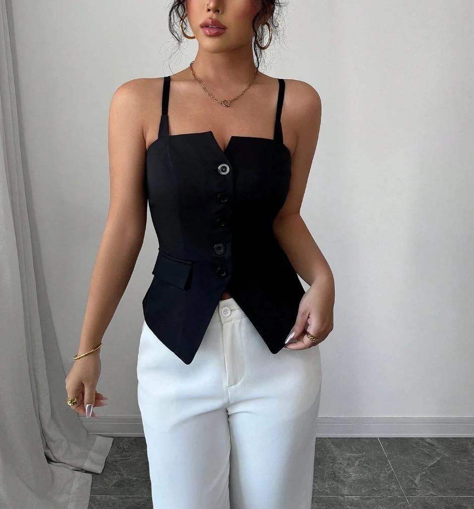 Débardeur décontracté pour femme, noir, printemps-été, à fines bretelles, col cœur, boutonné, coupe 