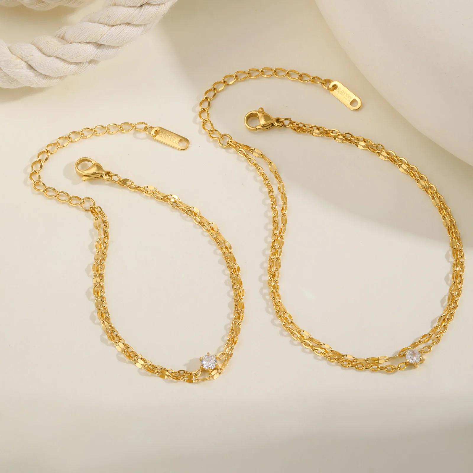 Bracelet de cheville superposé imperméable pour femmes, plaqué or réglable avec zircone, chaîne de p