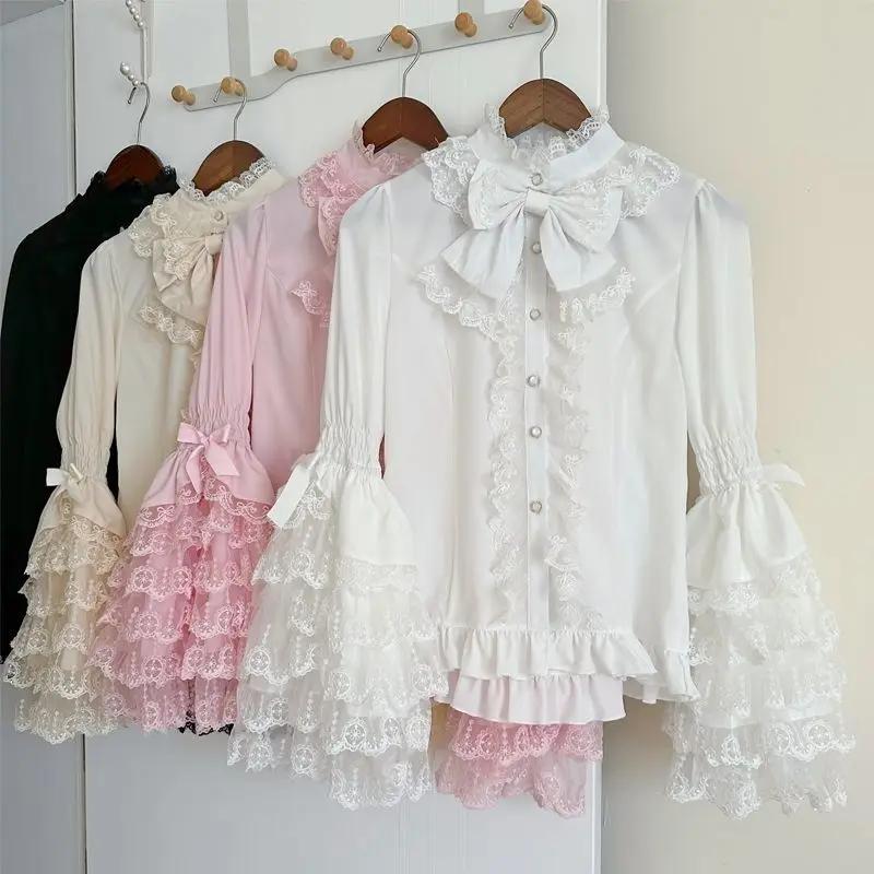Chemise Lolita gothique et douce – Chemisier à volants à manches longues pour robes JSK, haut en den